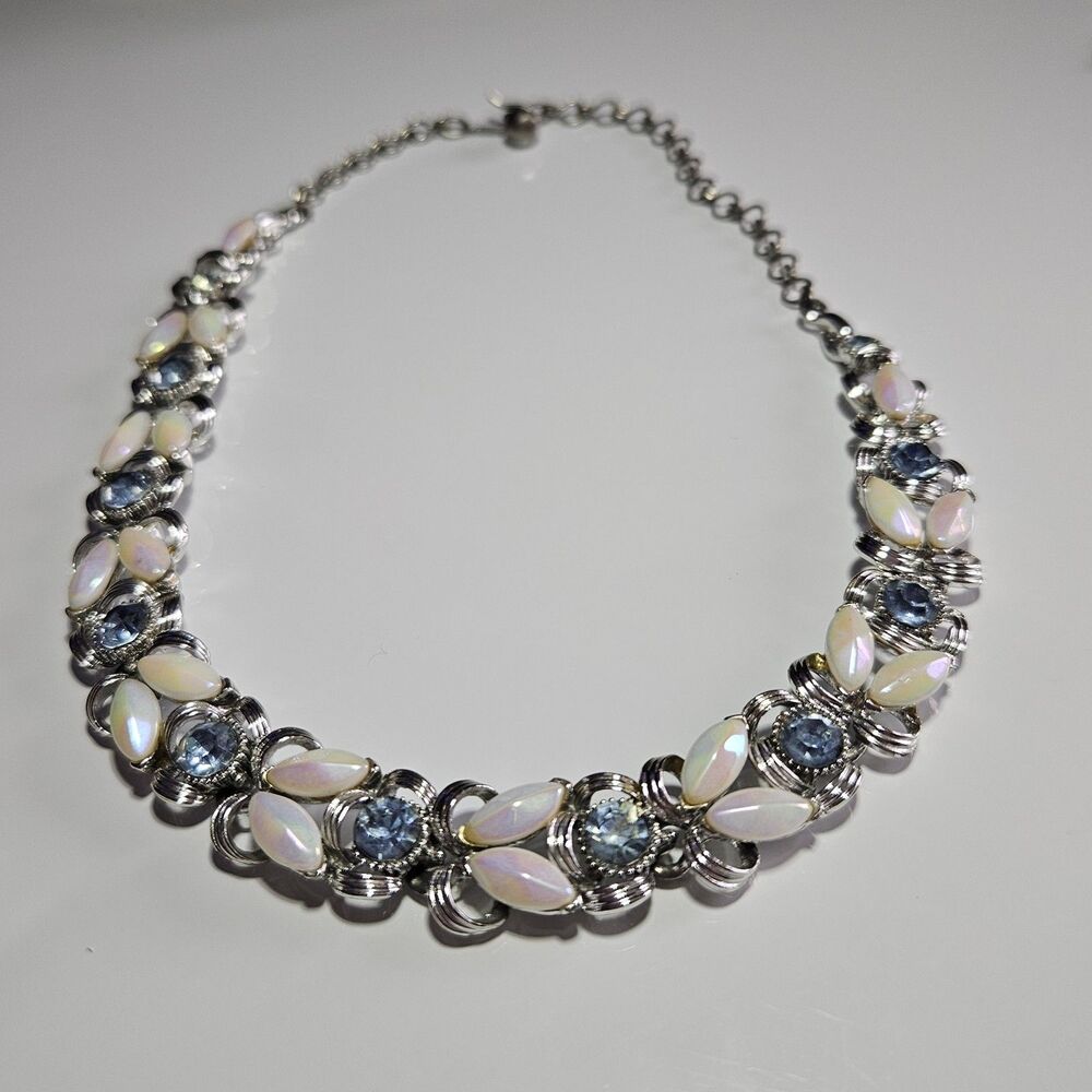 BSK Vintage Silver Tone Blue Crystal Iridescent Bead Statement Bib Necklace